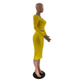 Solid Color Yellow Square Neck Crop Top & Slit Midi Skirt Set