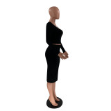 Solid Color Black Square Neck Crop Top & Slit Midi Skirt Set