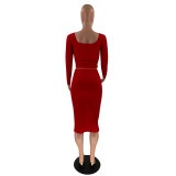 Solid Color Red Square Neck Crop Top & Slit Midi Skirt Set