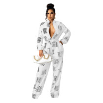 Casual White Long Sleeve Printed T-shirt Jumpsuit with Belt