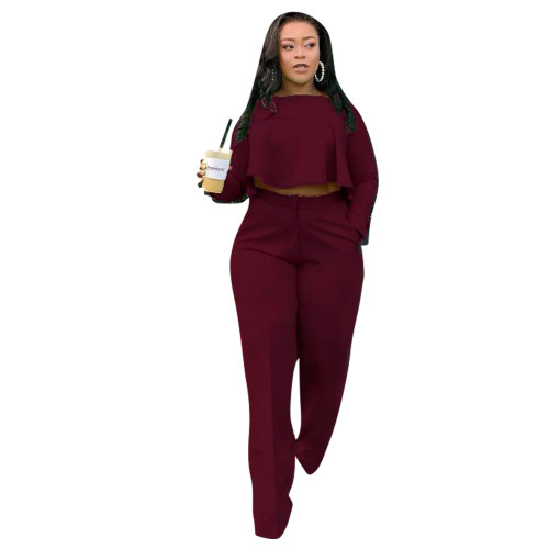 Autumn Solid Wine Red High-Low Top & Pants Set