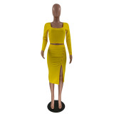Solid Color Yellow Square Neck Crop Top & Slit Midi Skirt Set