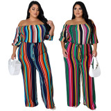 Sexy Colorful Striped Off Shoulder Jumpsuit with Wide Leg