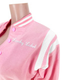 Autumn Pink Embroidered Letter Flannel Baseball Crop Jacket