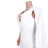 Autumn Sexy White Sleeveless V Neck Bodycon Dress with Cape