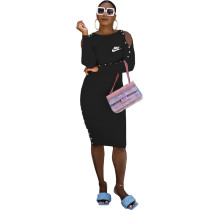 Solid Color Black Cold Shoulder Pyrography Midi Dress For Women