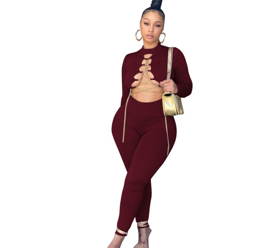 Autumn Sexy Wine Red Chain Bandage Tight Jumpsuit