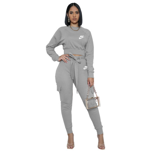 Casual Grey Nike Clothes Pyrography Letter Pockets Fall Set with Belt Drawstring
