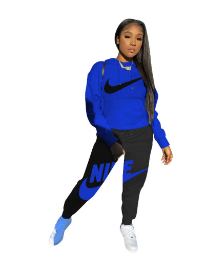 Casual Autumn Blue/Black Brand Clothing Embroidery Hoodie Set for Women