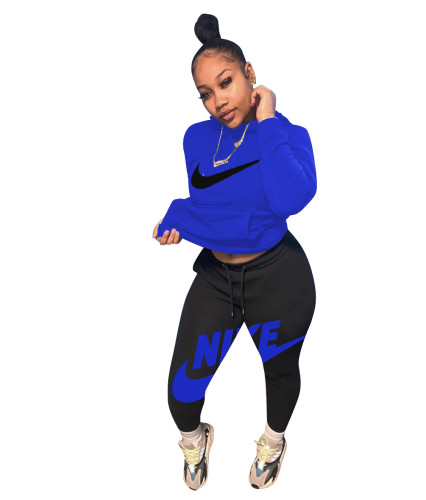 Casual Autumn Blue/Black Brand Clothing Embroidery Hoodie Set for Women
