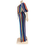 Sexy Colorful Striped Off Shoulder Jumpsuit with Wide Leg