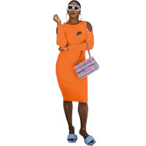 Solid Color Orange Cold Shoulder Pyrography Midi Dress For Women