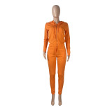 Casual Orange Hoodie Zipper Long Sleeve Sports Two Piece Outfits Set