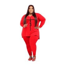 Casual Red Printed V Neck Solid Color Split Pant Set