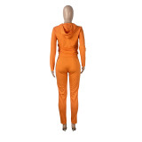 Casual Orange Hoodie Zipper Long Sleeve Sports Two Piece Outfits Set