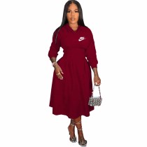 Solid Color Wine Red V Neck High Waisted Hoodie Mid Flared Dress For Woman