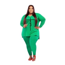 Casual Green Printed V Neck Solid Color Split Pant Set