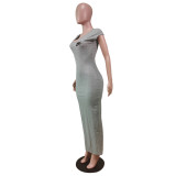 Grey Ribbed Low Back V Neck Zipper Sleeveless Maxi Dress