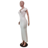 White Ribbed Low Back V Neck Zipper Sleeveless Maxi Dress