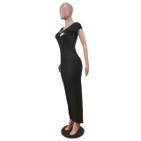 Black Ribbed Low Back V Neck Zipper Sleeveless Maxi Dress