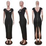 Black Ribbed Low Back V Neck Zipper Sleeveless Maxi Dress
