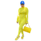 Yellow Pit Letter Embroidered High Neck Jumpsuit with Zipper