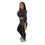 Solid Color Black Zipper Cropped Hoodie Trousers Two Piece Set
