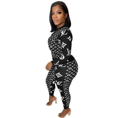 Fall 2021 Black Women Clothes Pit Printed Slim Women Pant Set