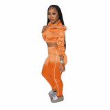 Solid Color Orange Zipper Cropped Hoodie Trousers Two Piece Set