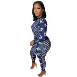 Fall 2021 Blue Women Clothes Pit Printed Slim Women Pant Set