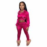 Solid Color Rose Zipper Cropped Hoodie Trousers Two Piece Set