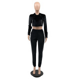 Solid Color Black Zipper Cropped Hoodie Trousers Two Piece Set