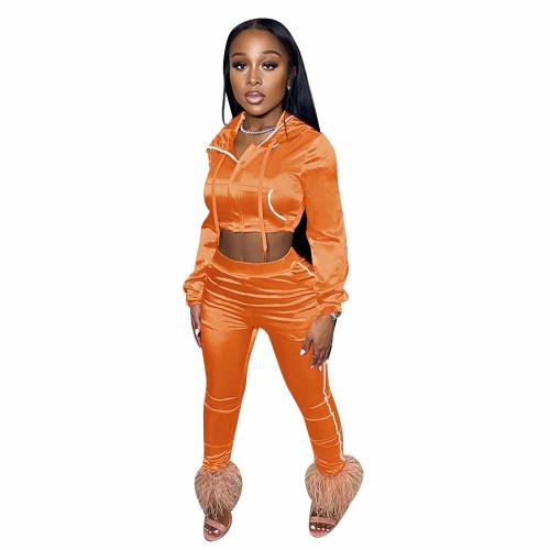 Solid Color Orange Zipper Cropped Hoodie Trousers Two Piece Set