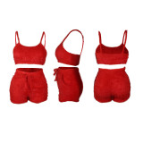 Autumn Trendy Clothing Red Plush Spaghetti Strap Crop Top 2 Piece Set