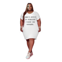 White Women's V Neck Short Sleeve Solid Color Printed Plus-size Dress