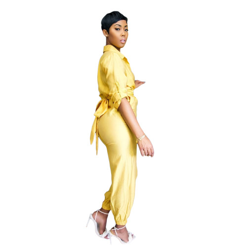 Casual Yellow Button Loungewear Jumpsuit Women's Clothing Lounge Sets