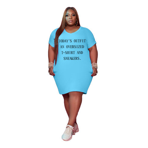 Sky Blue Women's V Neck Short Sleeve Solid Color Printed Plus-size Dress