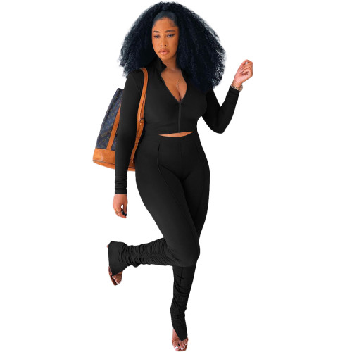 Solid Color Black Long Sleeve Sets Stacked Sweat Suits Women Pleated 2 Piece Set Clothing