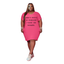Pink Women's V Neck Short Sleeve Solid Color Printed Plus-size Dress