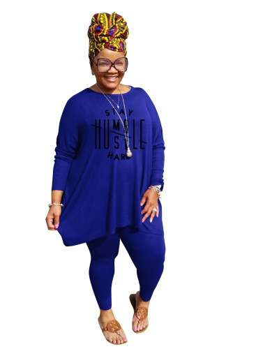 Casual Blue Printed Loose Plus Size Pant Sets