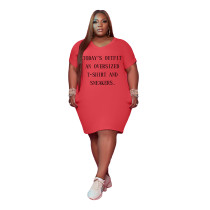 Red Women's V Neck Short Sleeve Solid Color Printed Plus-size Dress