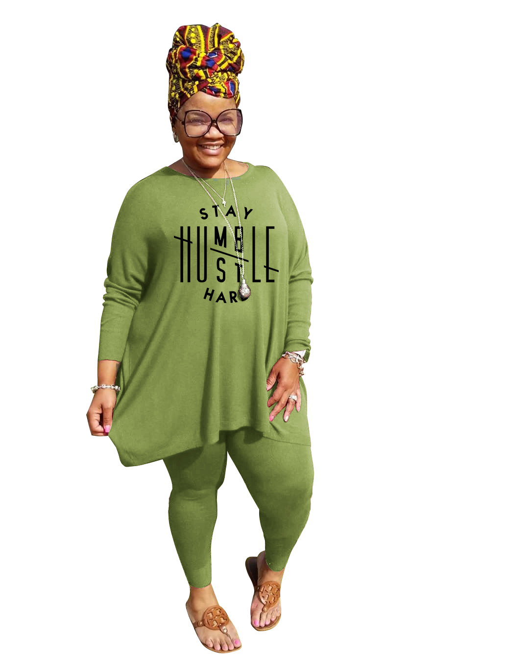 Casual Green Printed Loose Plus Size Pant Sets