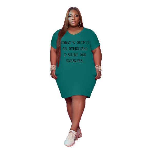 Green Women's V Neck Short Sleeve Solid Color Printed Plus-size Dress