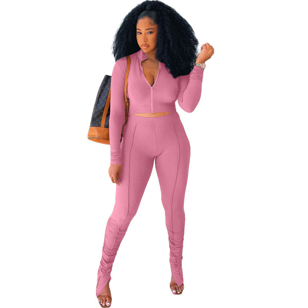 Solid Color Pink Long Sleeve Sets Stacked Sweat Suits Women Pleated 2 Piece Set Clothing