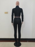 Solid Color Black Long Sleeve Sets Stacked Sweat Suits Women Pleated 2 Piece Set Clothing