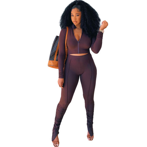 Solid Color Coffee Long Sleeve Sets Stacked Sweat Suits Women Pleated 2 Piece Set Clothing