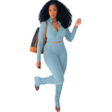 Solid Color Long Sleeve Sets Stacked Sweat Suits Women Pleated 2 Piece Set Clothing