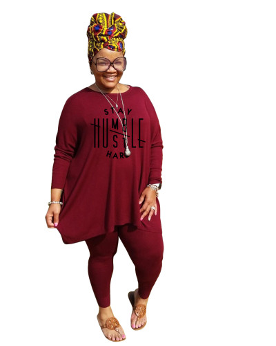 Casual Wine Red Printed Loose Plus Size Pant Sets