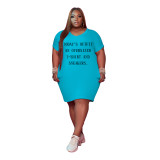 Light Blue Women's V Neck Short Sleeve Solid Color Printed Plus-size Dress