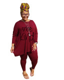 Casual Wine Red Printed Loose Plus Size Lounge Wear Sets Women